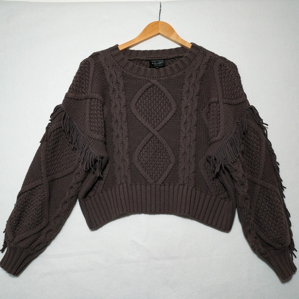 LIne & Dot Chunky Cable Knit Fringe Sweater Crop Boho Western Brown Women M